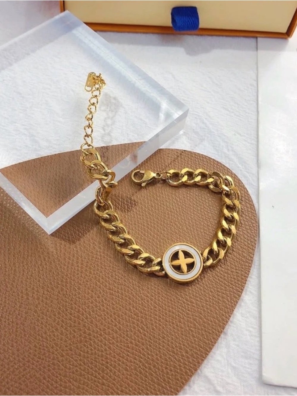 Gold-Tone Chain Bracelet with White Enamel Medallion